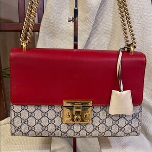 Gucci Large Padlock Supreme Canvas with Red and Cream Leather Shoulder Bag COA